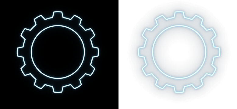 Neon gear icon on black and transparent background