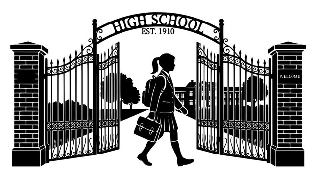 Student silhouette walking through high school gate with backpack