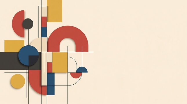Abstract geometric composition with bauhaus style shapes and minimalist lines on a soft beige background