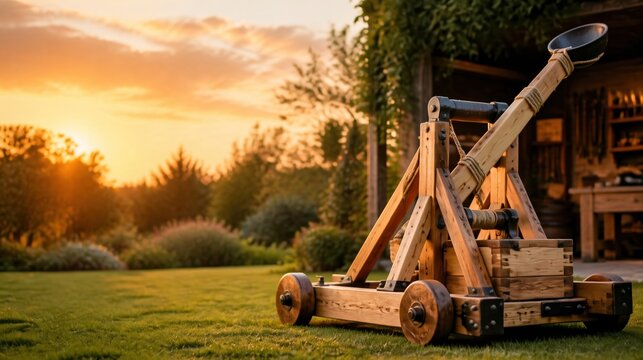 Wooden Catapult Model Standing on Green Grass at Sunset