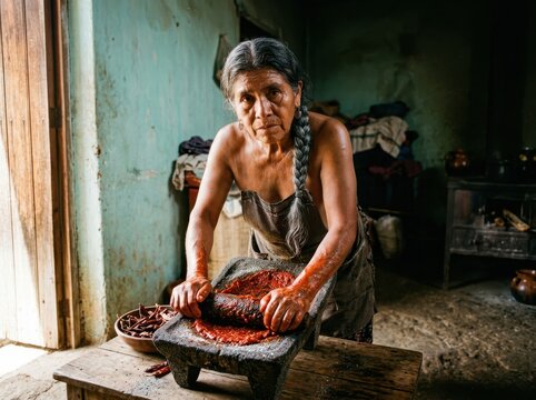 Traditional cook grinding chili on a stone metate