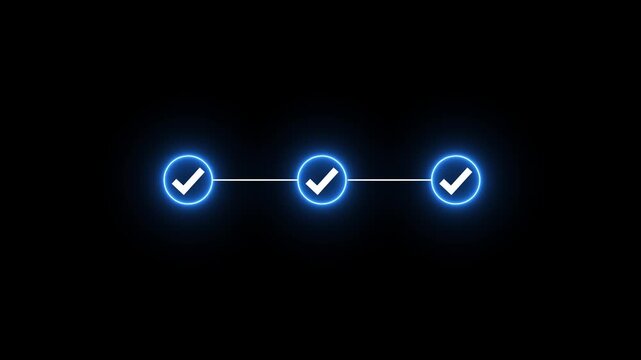 Neon line Step-by-Step Guide with check mark icon. 3 step infographic process, step process success with check marks icon alpha channel, 4k