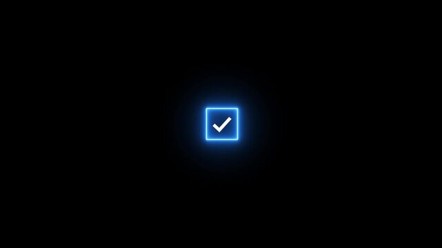Tick Mark Icon Animation with neon rectangle box icon. Check Mark, Tick, Yes, OK Symbol Animation. Right Check Mark Icon Animation 4k alpha channel