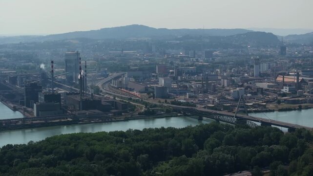 Steel manufacturing industrial complex by the Danube river in Linz