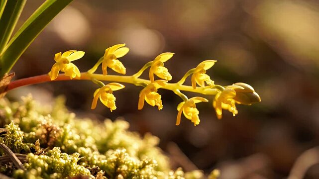 Small yellow wild orchid blooms on green moss.