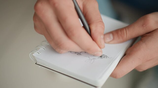Close up of hands drawing sketch in spiral bound notebook with pencil showing gradual progression from initial lines to more defined shapes. Notebook held steady while hand moves smoothly