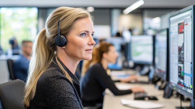 Woman using headset working at dispatch center with focused expression