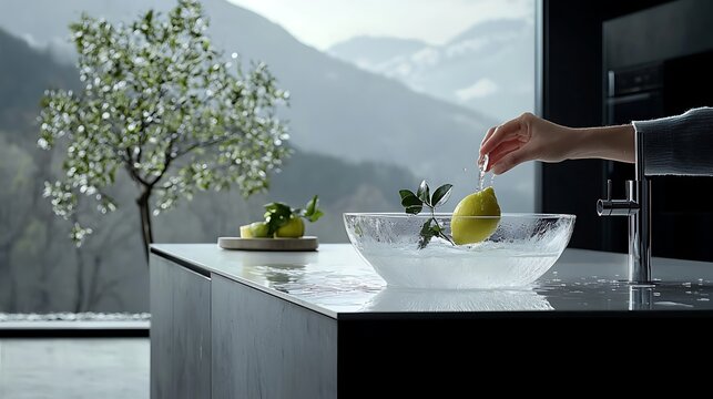 Hand washing lemon in modern kitchen with mountain view.
