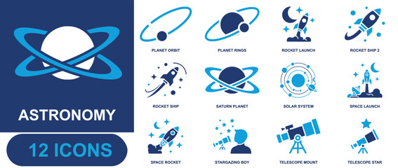 Astronomy icon set. Containing planet orbit, planet rings, rocket launch, rocket, Saturn, solar system, space launch, stargazing boy, telescope star and more. Solid fill vector icons. © Voice