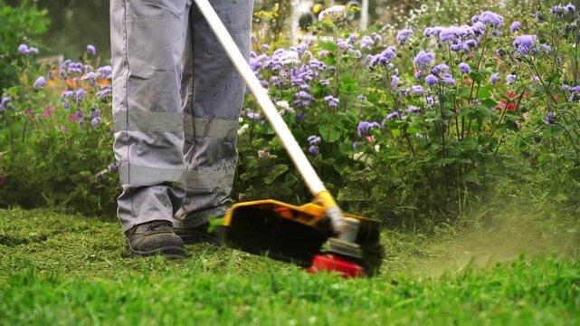 Gardener trims grass near purple flowers. Dust rises as machine cuts through turf. Green lawn contrasts with blooming garden bed. Human motion suggests focused, routine task. Ideal for landscaping
