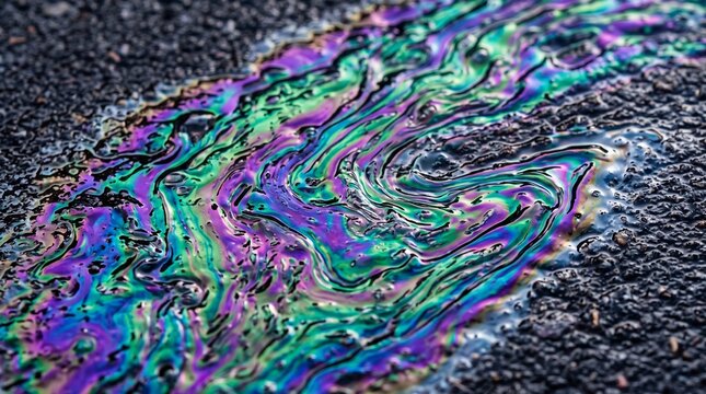 Iridescent oil slick patterns swirling on wet dark asphalt surface for abstract wallpaper.
