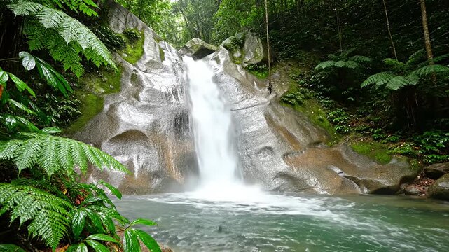 Silky waterfall flowing over smooth rocks in the forest.