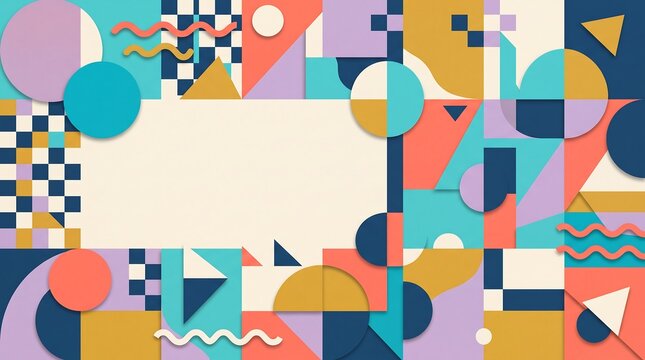 Abstract geometric background with colorful shapes and a central blank space for your custom text design