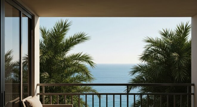 Ocean view from a balcony with palm trees framing the scene, comfortable seating visible