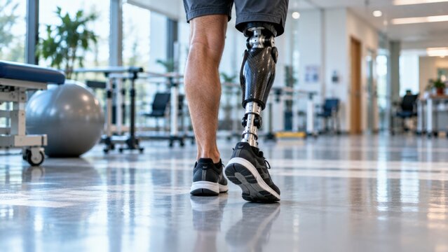 Rear view of amputee patient taking steps on bionic leg prosthesis inside modern rehab clinic floor.