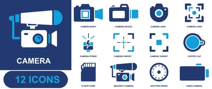Camera icon set. Containing camera body, camera device, lens, focus target, flash strike, coffee cup, floppy disk, security camera, shutter speed and more. Solid fill vector icons.