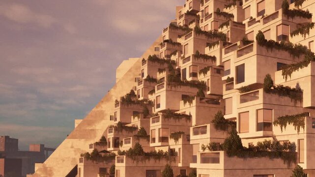 The scene shows a unique building with multiple levels. Each level has terraces filled with plants. The structure is set against a sunset sky in an urban area.