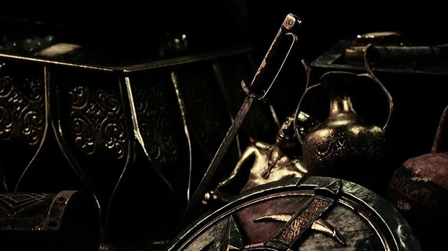 A collection of ancient items is displayed on a table. A sword rests beside decorative vases and a shield, all set in low light to create a dramatic scene.