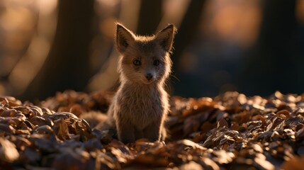 Fototapeta premium A small fox explores a colorful leaf pile on the forest floor in the autumn. The shallow focus highlights the furry creature.