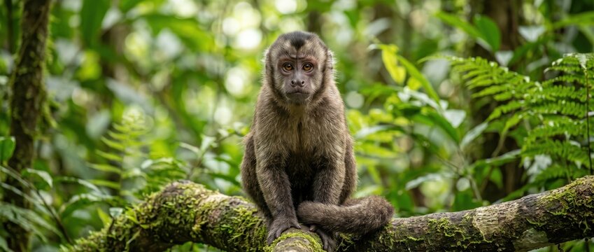 A brown capuchin monkey sits perched on a thick, moss-covered tree branch in a lush, green tropical rainforest, looking directly at the camera with a curious expression
