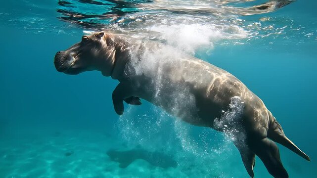 Hippopotamus swimming underwater with bubbles against clear blue ocean water cinematic motion