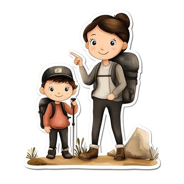 Hiking mother and son sticker with backpacks and walking sticks.