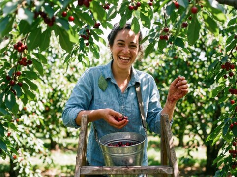 Sunlit Cherry Harvest Smiling Orchard Worker Collects Fruit in Summer
