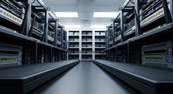 Rows of server racks in a clean, brightly lit data center