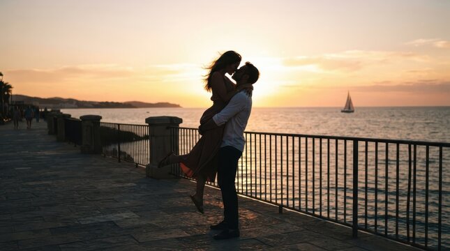 Romantic couple embracing and kissing at sunset by the seaside