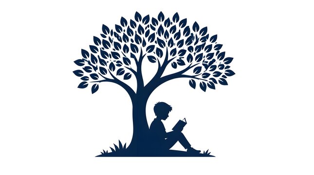 Peaceful silhouette vector of a student sitting under a big shady tree reading an open book on a grass field in a scenic park