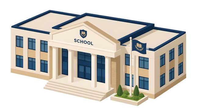 Modern school building entrance in isometric vector style with diverse students walking towards glass doors and a teacher greeting