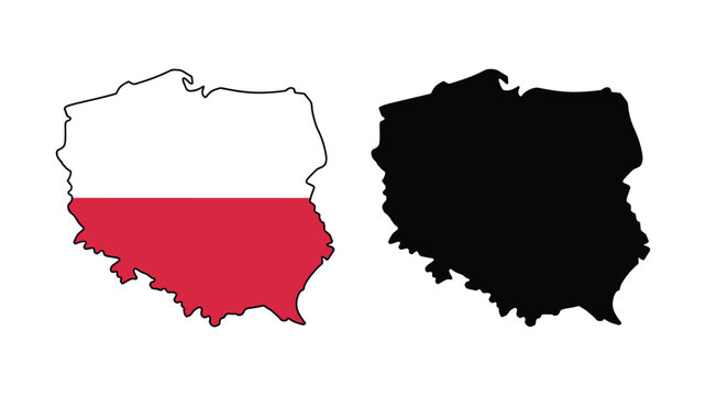 Map of Poland with national flag design next to its solid black vector silhouette on white backdrop.