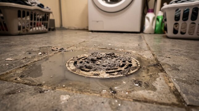 A dirty floor drain on a tiled surface showing severe buildup and grime.