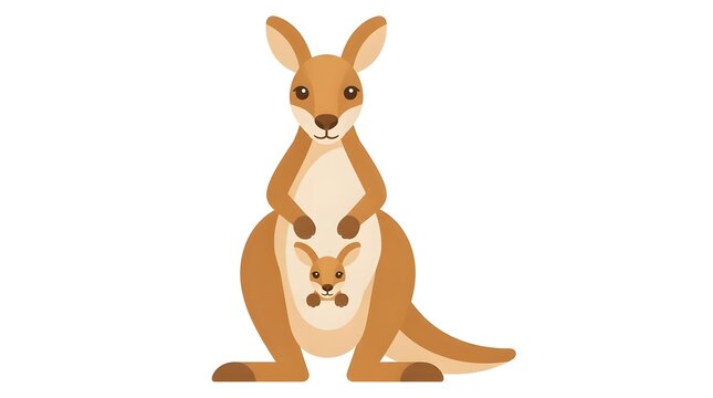 A flat vector illustration of an adult kangaroo standing upright with a joey peeking out of its pouch on a plain background