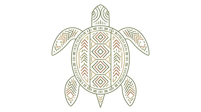 Thin line art drawing of a turtle featuring indigenous geometric patterns placed in an abstract artistic space
