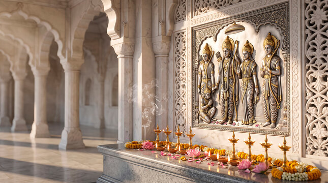 Artisan 3D Baroque Relief with Crystals and Mica Pigments of Ram Darbar in White Marble Temple on Terrazzo Base