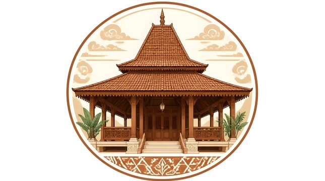 Traditional Javanese joglo house vector illustration in circular design with high pitched roof and tropical foliage ornamentation