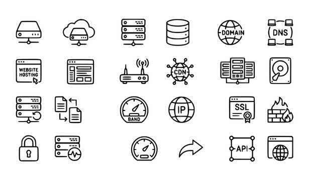 Web hosting server database domain and cloud infrastructure outline icon set