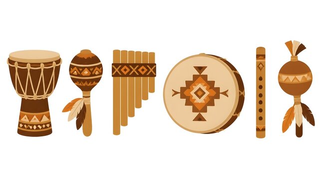 Flat vector illustration of indigenous instruments djembe drum didgeridoo pan flute maracas rainstick native american flute on plain background