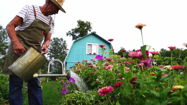 Old man waters colorful garden with metal watering can. Wearing straw hat and overalls, he tends his blooming zinnias. Bright pink and purple flowers thrive under soft daylight