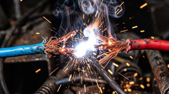 Two frayed copper wires touching to create a bright electrical short circuit with flying sparks with insulation touch each while emitting bright