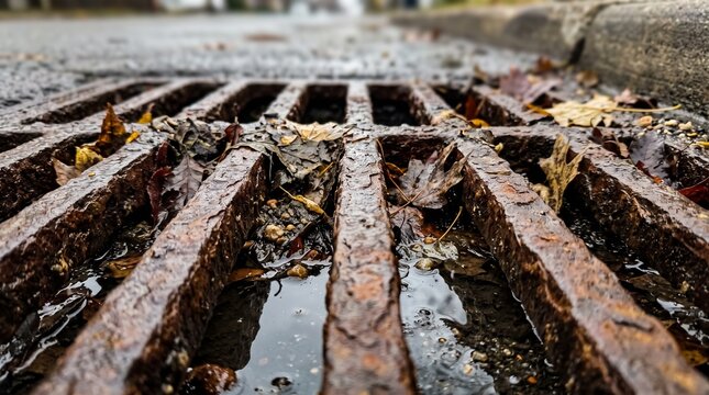 Street storm drain grate outdoors covered with wet fallen leaves and debris.