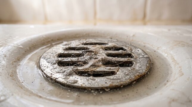 Macro shot of a dirty, rusted metal sink drain grate filled with grime and mineral build-up.