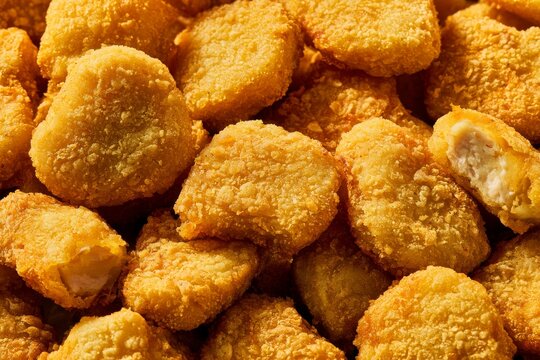 Nuggets arranged in a pile, showing a crisp and golden appearance, ready for serving during a mealtime