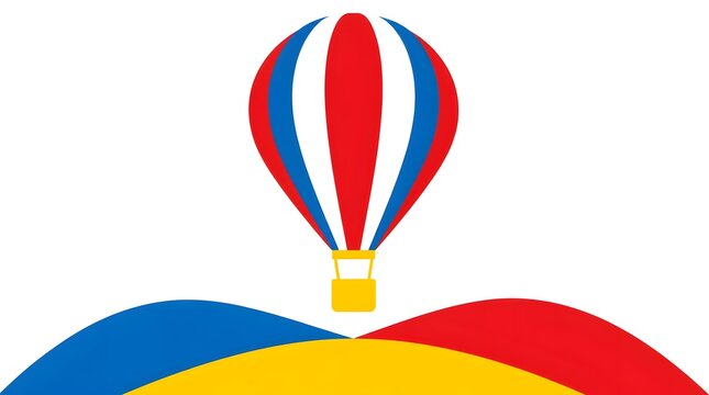 Silhouette vector of a hot air balloon floating gracefully above a serene landscape with clouds at sunrise