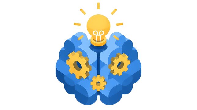 Isometric vector illustration of a human brain with gears inside and a glowing lightbulb above on a neutral platform