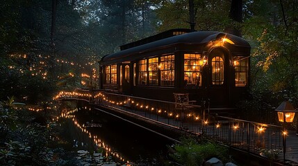 Obraz premium Illuminated vintage train carriage on a bridge in a misty night forest.