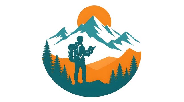Silhouette vector illustration of a traveler with a backpack standing on a path facing the horizon in a minimal abstract style