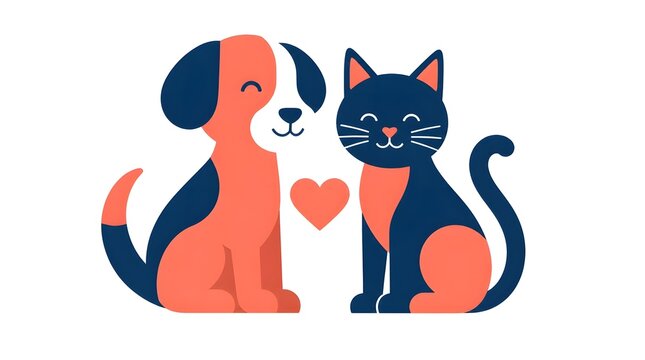 Flat vector illustration of a dog and a cat sitting together facing forward with bold outlines and solid colors
