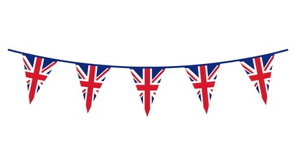 Obraz premium Vibrant flat vector illustration of British union jack bunting flags strung festively across a plain white background